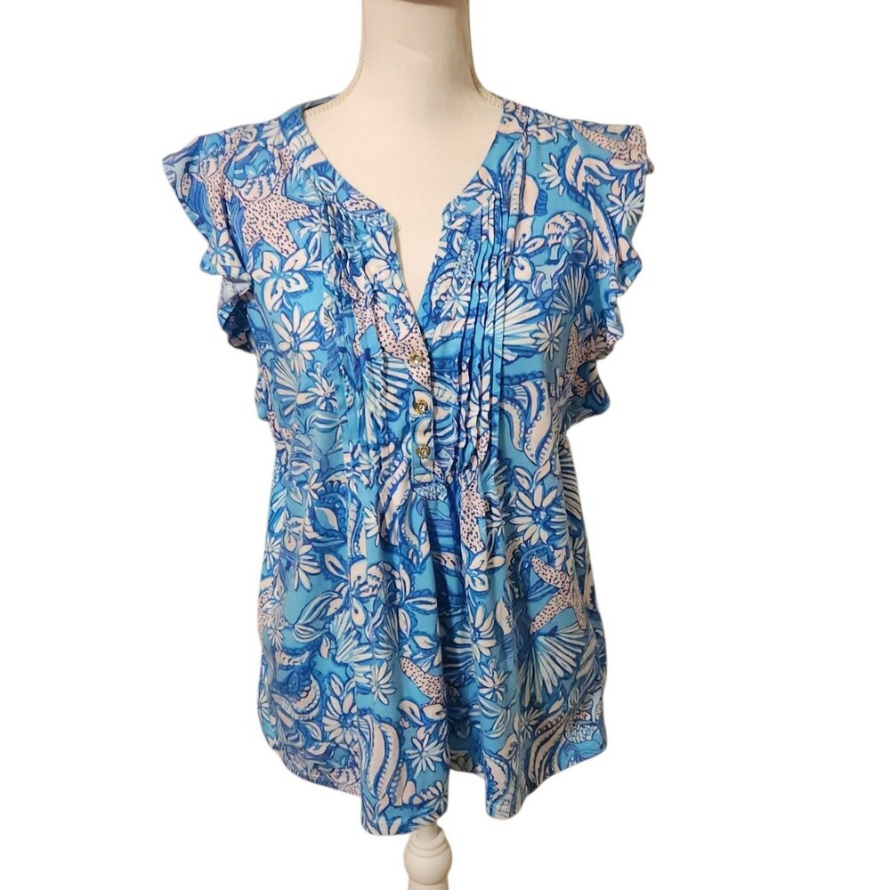 Lilly Pulitzer Golda Blouse Amalfi Blue Sound The Sirens Print Womens Size M
